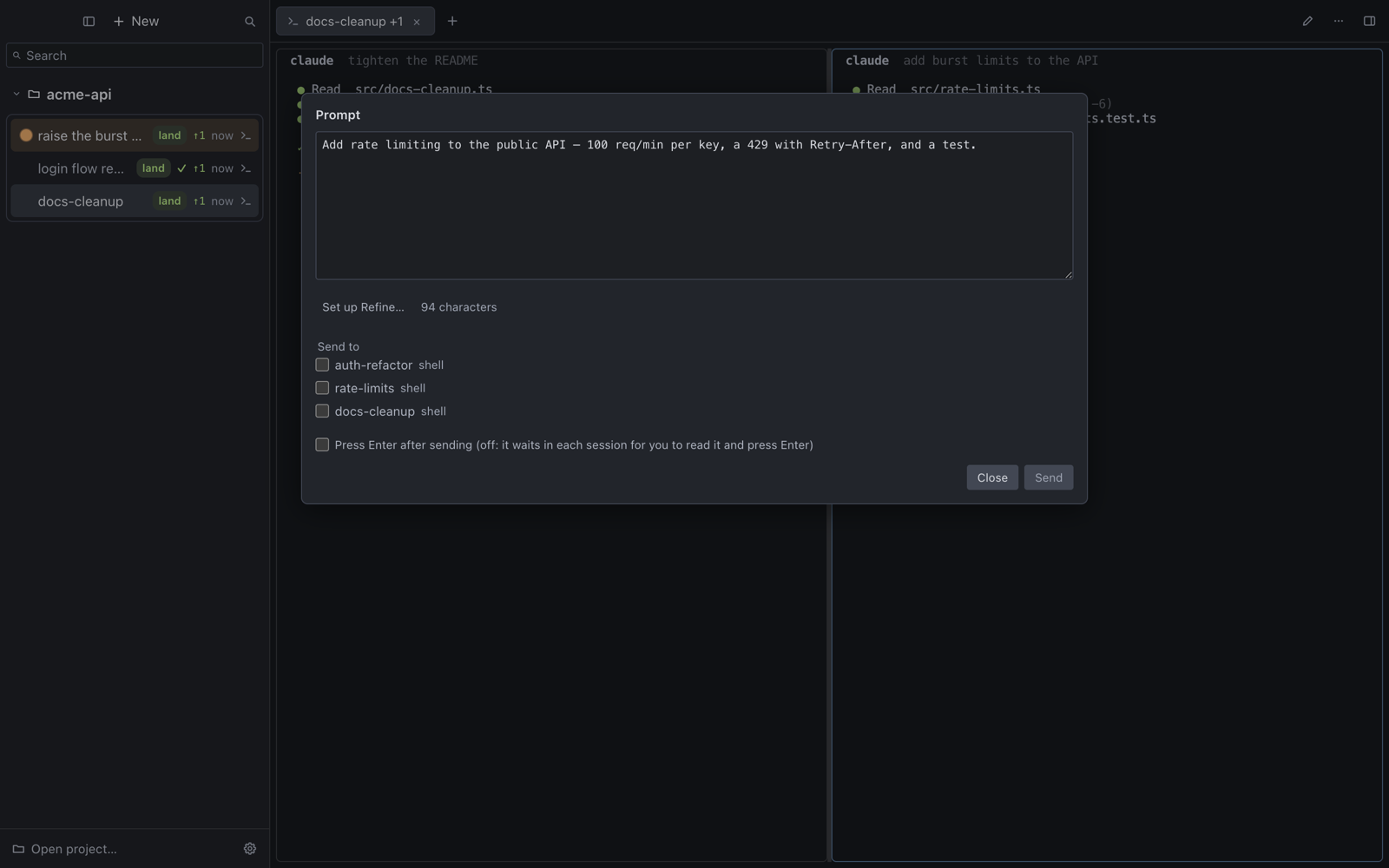 The prompt composer: one prompt, a checkbox per session to send it to