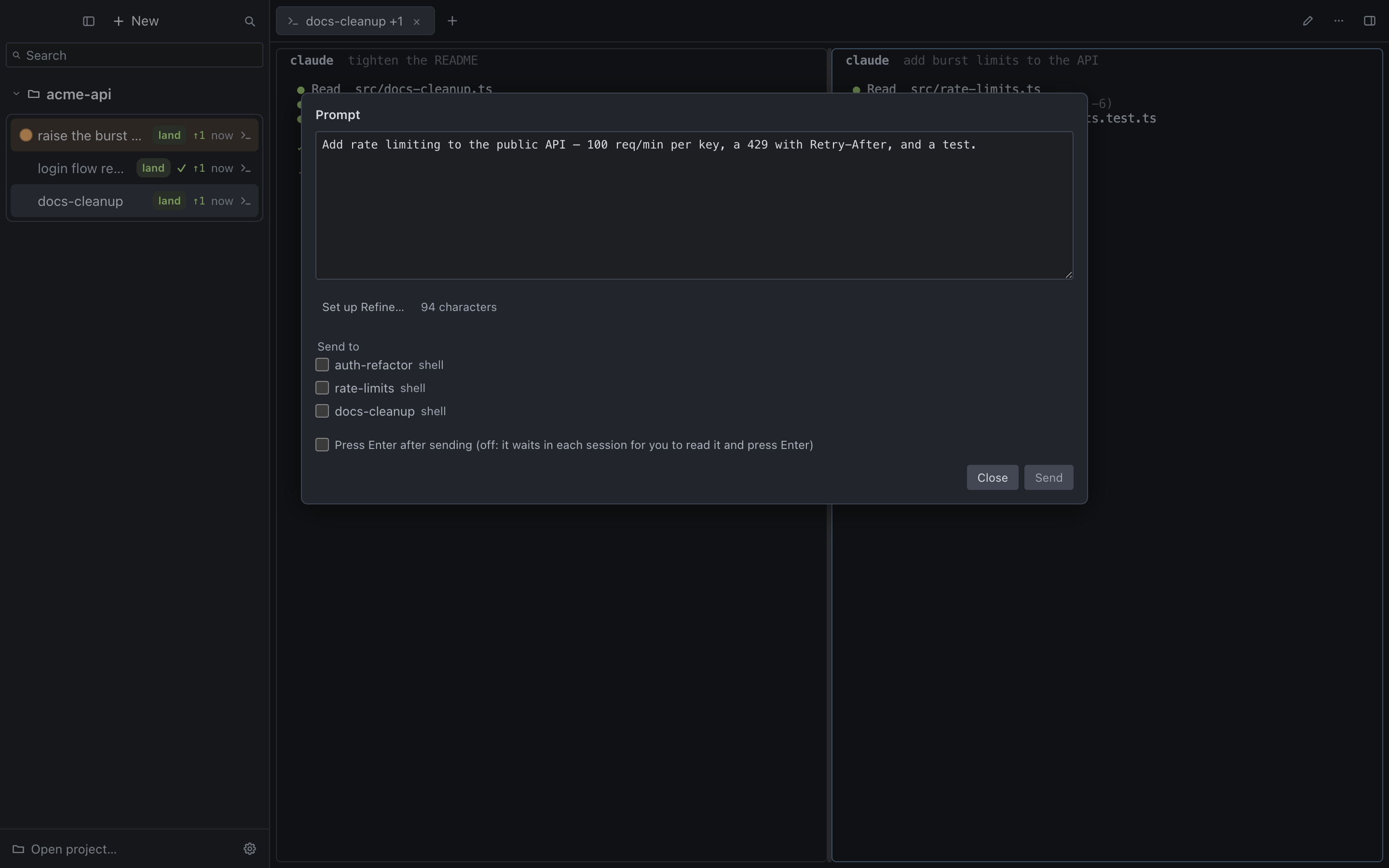 The prompt composer: one prompt, a checkbox per session to send it to