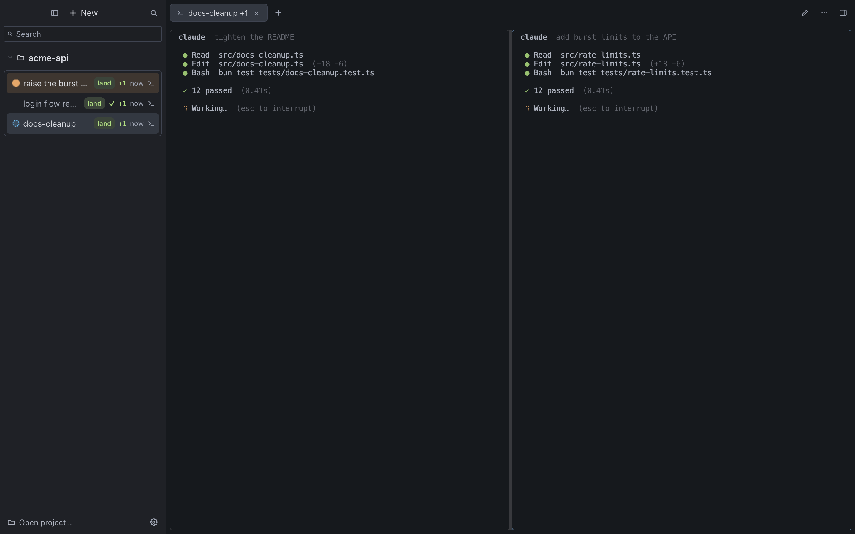 crossweave Cockpit: a rail of sessions on the left — one working, one asking, one done — and two agent panes side by side